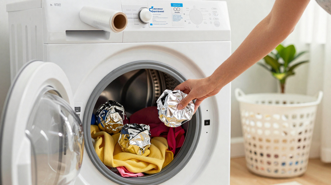 Pessoa colocando bolas de papel alumínio na máquina de lavar roupas branca com roupas coloridas dentro.