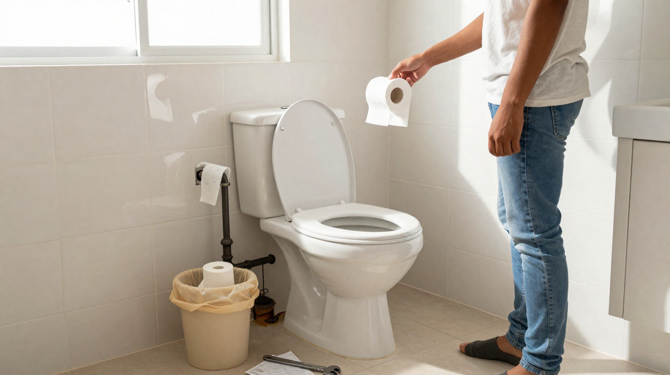 Pessoa segurando papel higiênico perto de vaso sanitário aberto em banheiro claro com janela e lixeira.