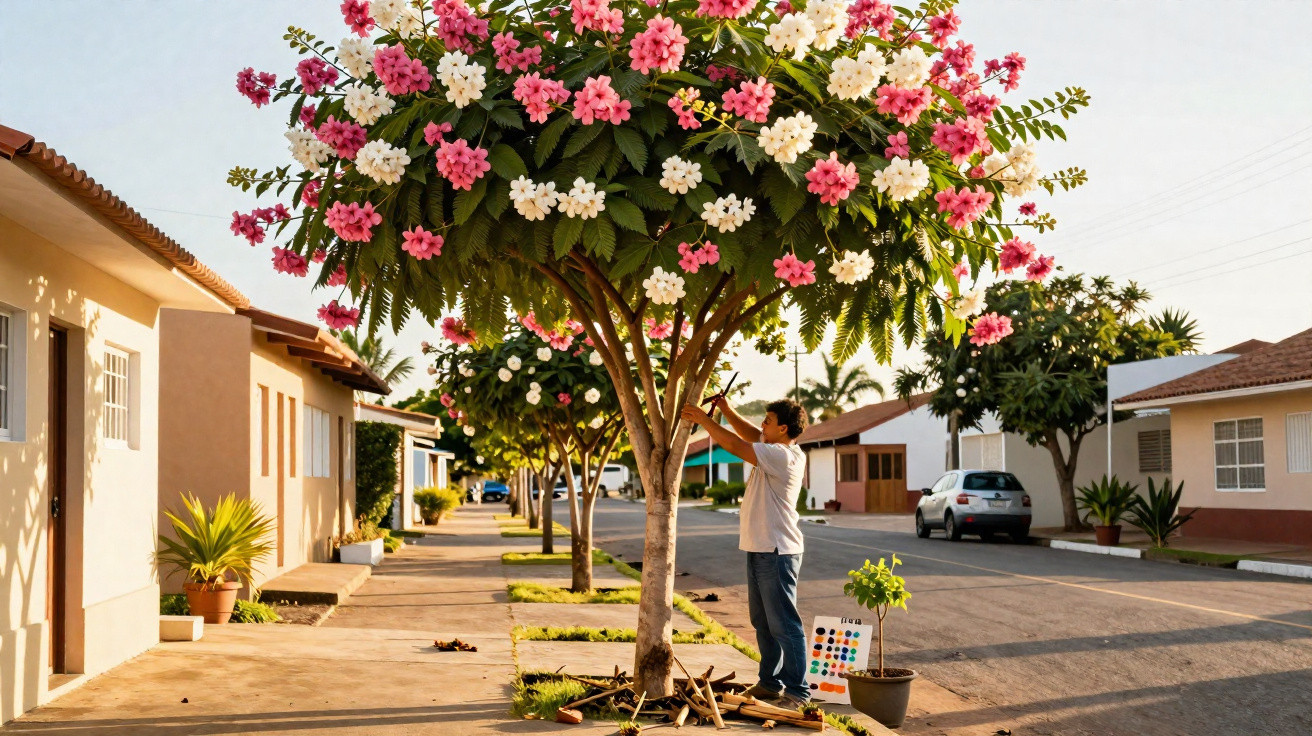 Homem cuidando de árvore florida de flores rosa e branca em rua residencial ao entardecer.