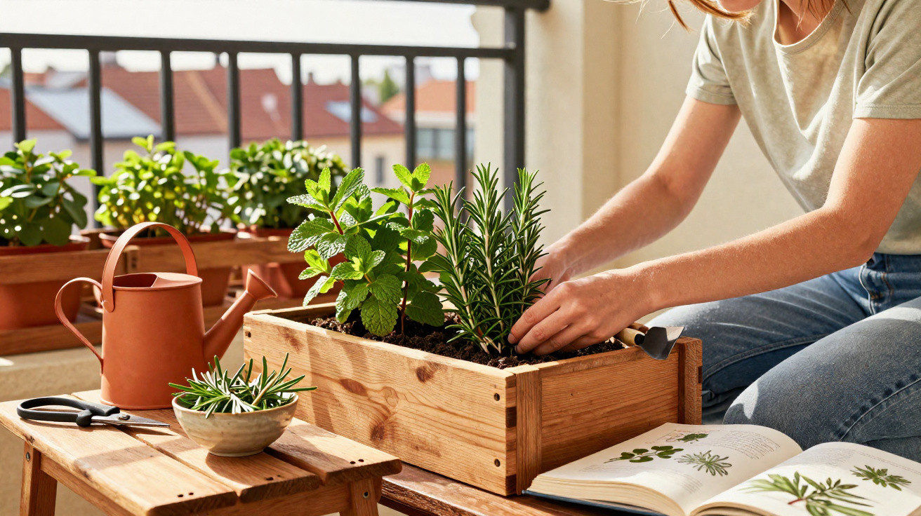 Pessoa cuidando de plantas em caixa de madeira, com regador, tesoura e livro de plantas ao lado, em varanda.
