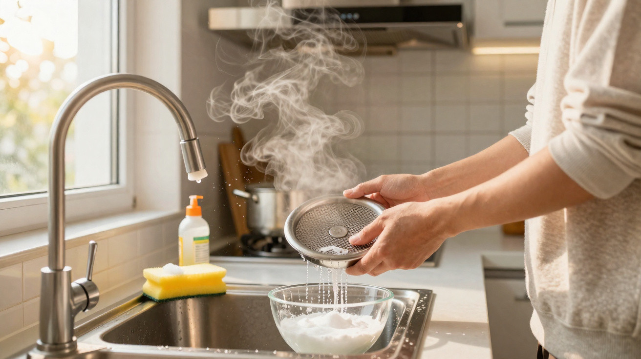 Pessoa escorrendo água quente de uma peneira em uma pia de cozinha moderna.