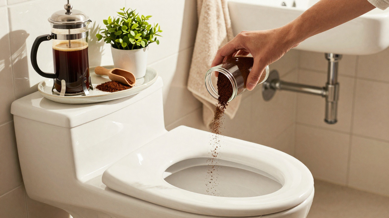 Mão despejando pó de café no vaso sanitário branco, com cafeteira, planta e pó sobre tampa ao fundo.