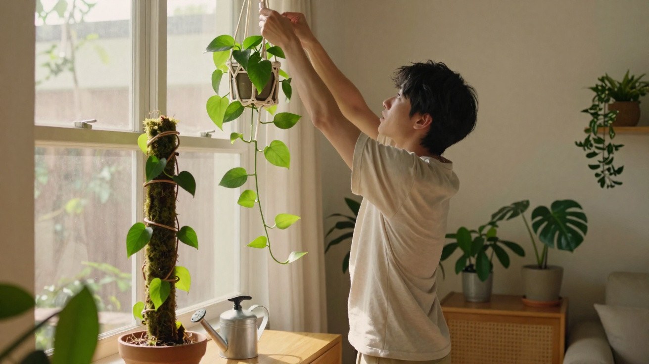 Pessoa cuidando de planta suspensa perto da janela em ambiente interno com várias plantas ao redor.