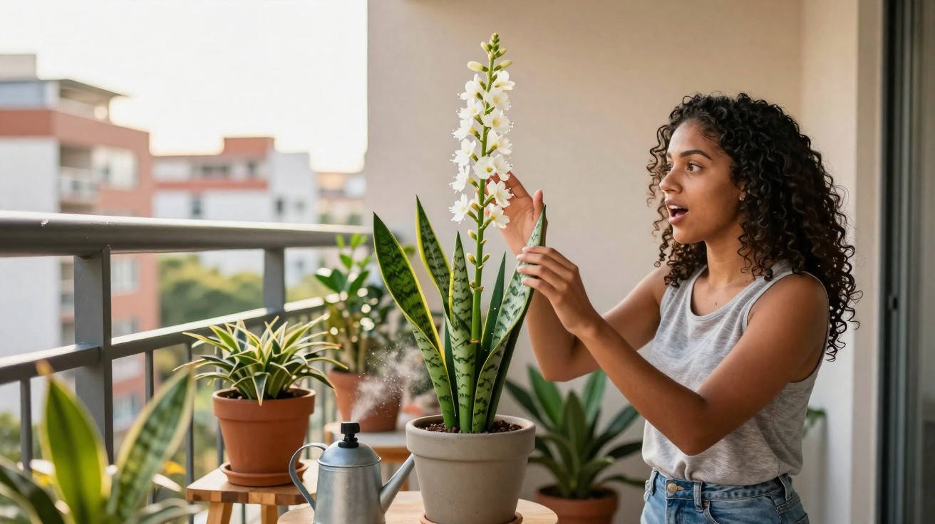 Mulher cuidando de planta com flores brancas em varanda com outros vasos ao fundo.