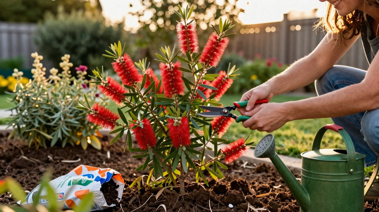 Pessoa podando arbusto com flores vermelhas em jardim ao ar livre, com regador e terra ao redor.