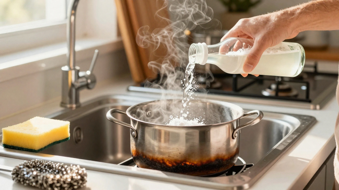 Pessoa despejando líquido em panela com fundo queimado sobre fogão, pia e esponja ao lado na cozinha.