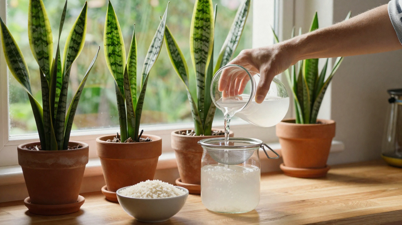 Mão despejando água em um coador sobre jarra, com tigela de arroz e plantas em vasos na janela.