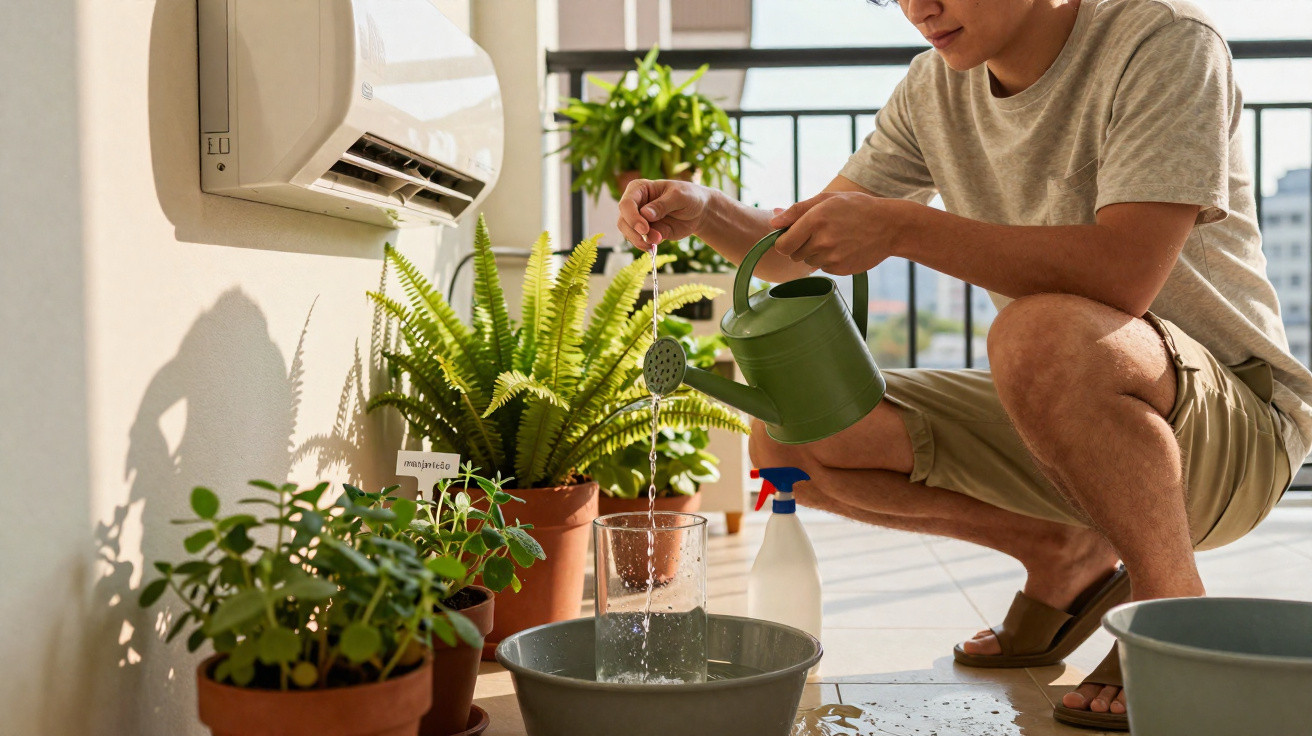 Pessoa regando plantas em vasos em uma varanda ensolarada, utilizando regador verde e balde cinza.