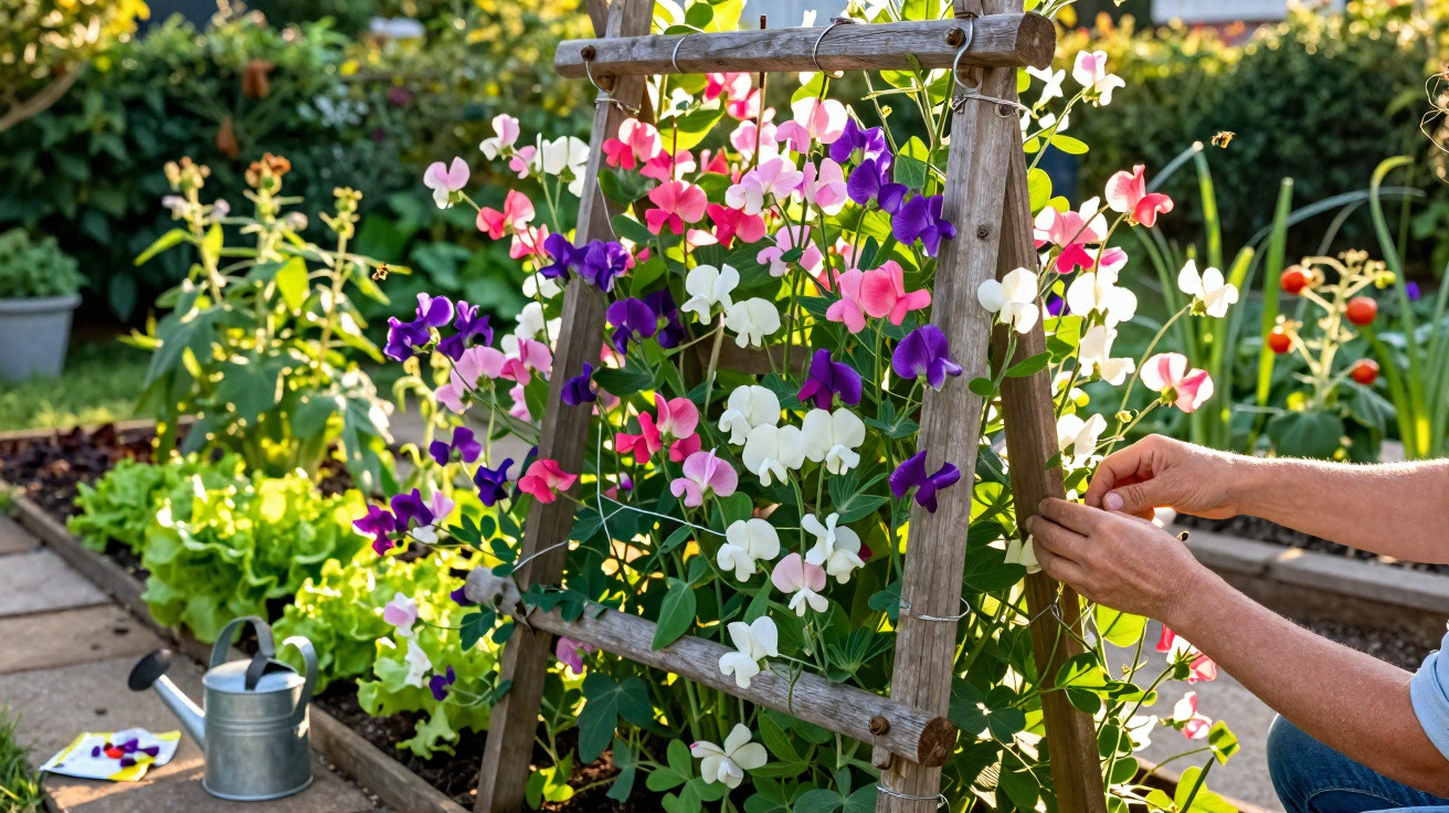 Pessoa cuidando de flores coloridas apoiadas em uma treliça de madeira em jardim ensolarado.