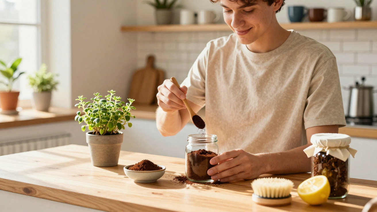 Jovem feliz colocando pó em pote de vidro em cozinha clara com plantas e utensílios ao redor.