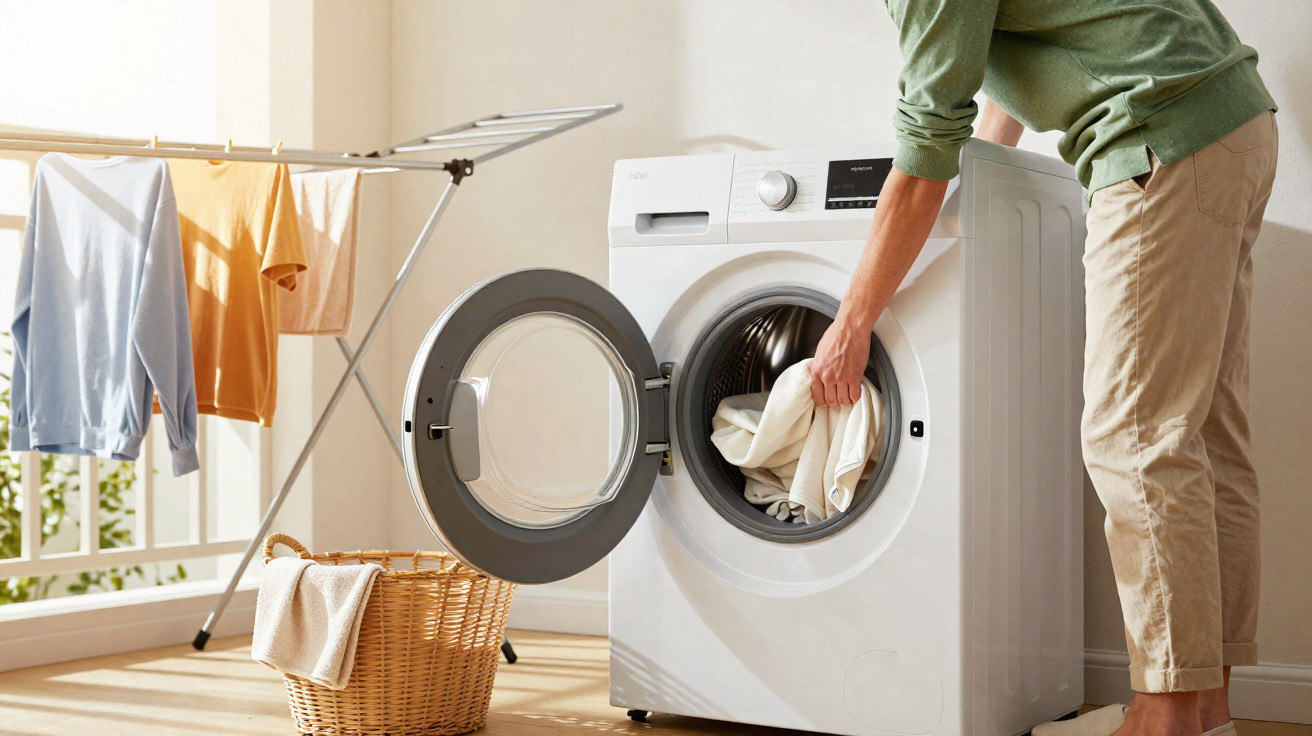 Pessoa colocando roupas em máquina de lavar automática, com varal e cesto de roupas ao lado em ambiente iluminado.