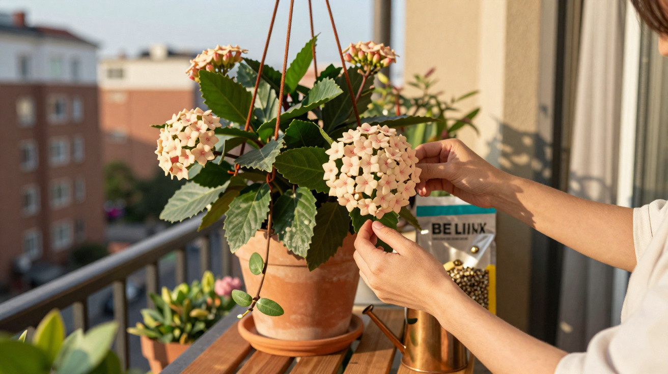 Pessoa cuidando de flores cor de rosa em vaso pendurado na varanda de apartamento.