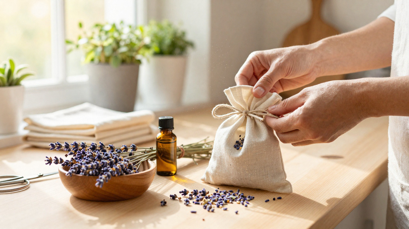 Mãos fechando sachê de algodão com flores secas de lavanda sobre mesa de madeira com frasco e flores.