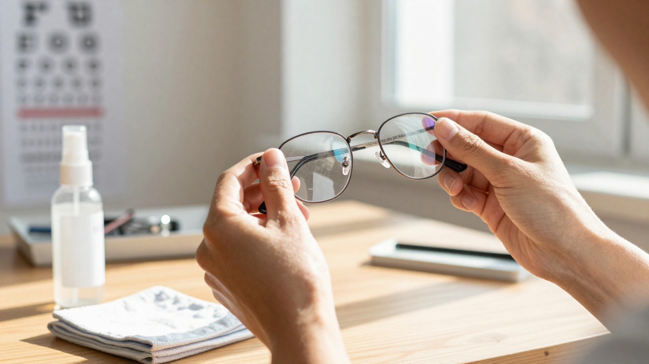 Pessoa segurando óculos de grau perto de mesa com pano, spray de limpeza e tabela de optometria ao fundo.