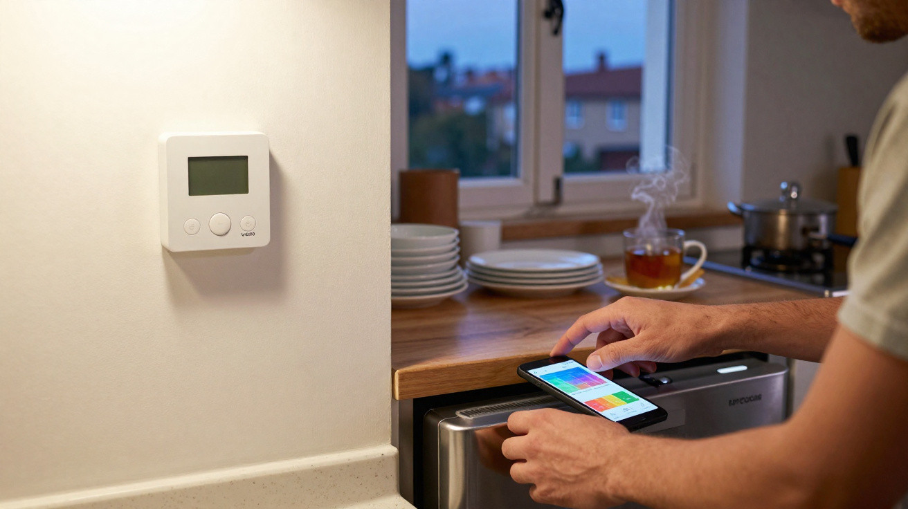 Pessoa controlando termostato inteligente com celular em cozinha doméstica ao entardecer.