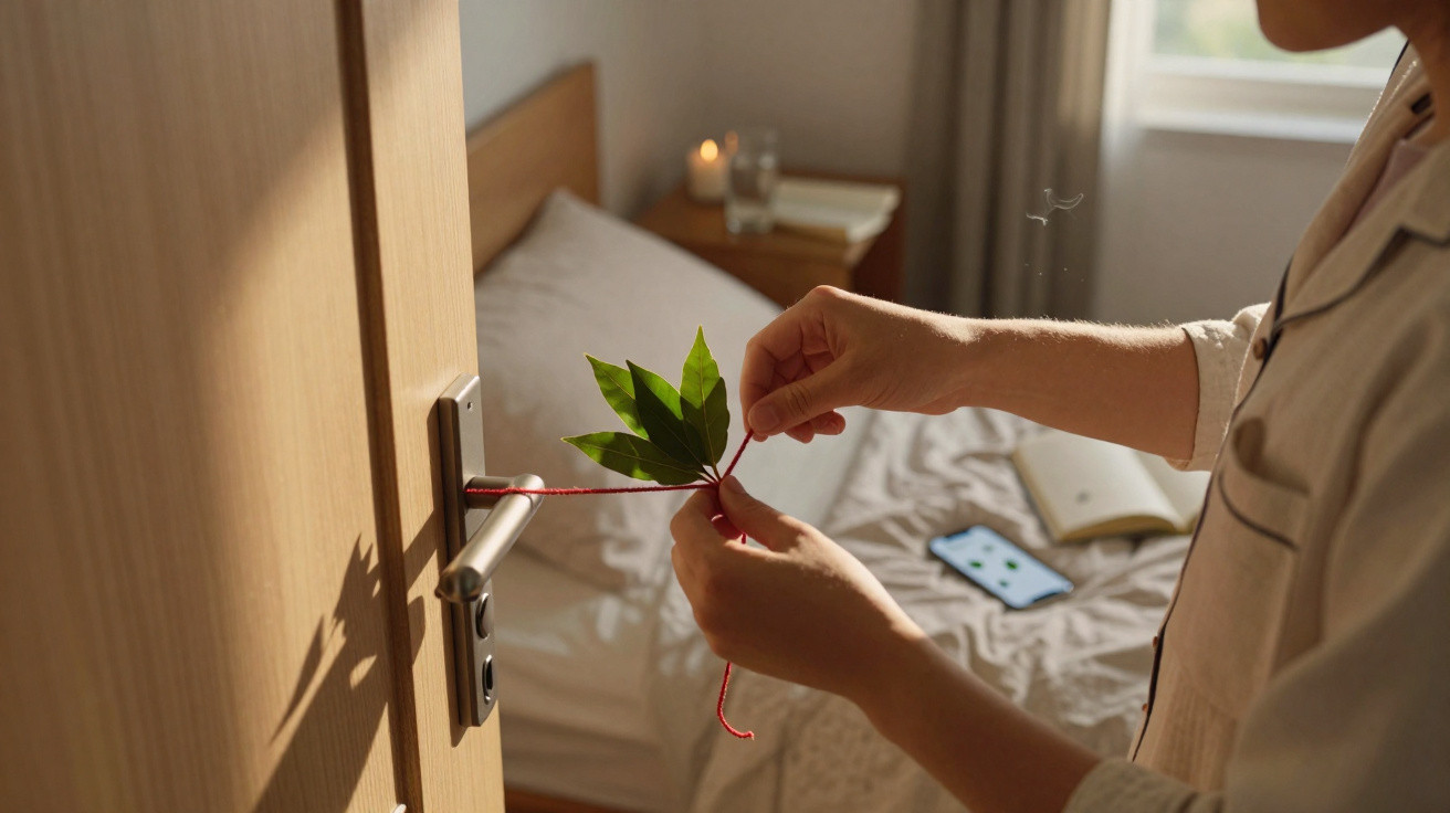 Pessoa amarrando folha verde com linha vermelha na maçaneta de porta de quarto com cama ao fundo.