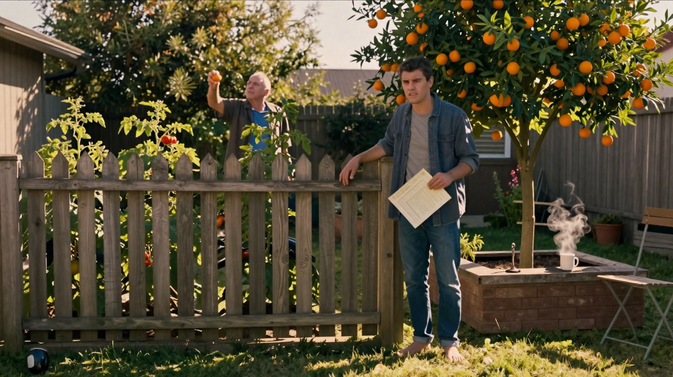 Dois homens no jardim com uma cerca de madeira e uma árvore de laranja carregada de frutos maduros.