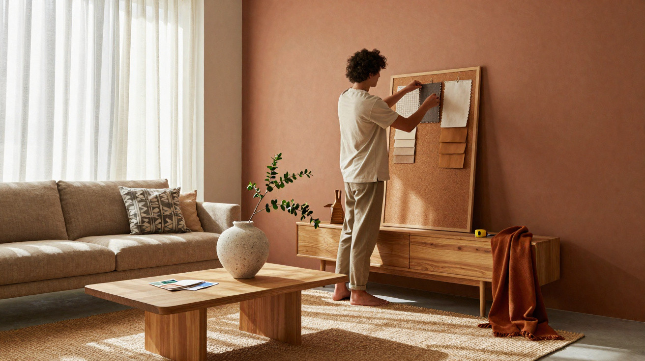 Pessoa organizando amostras de tecidos em quadro de cortiça dentro de sala com decoração neutra e mesa de madeira.