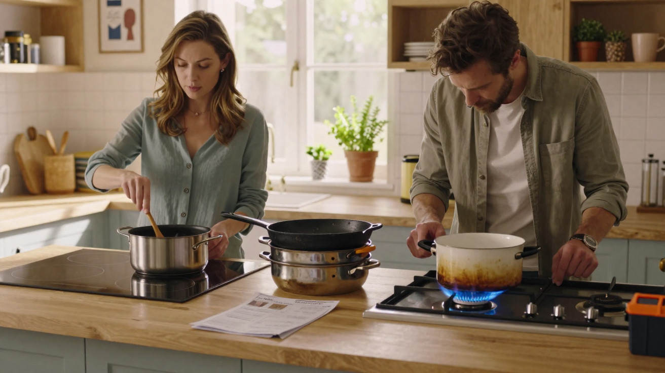 Casal cozinhando junto em cozinha moderna iluminada, panela no fogão e utensílios sobre bancada de madeira.