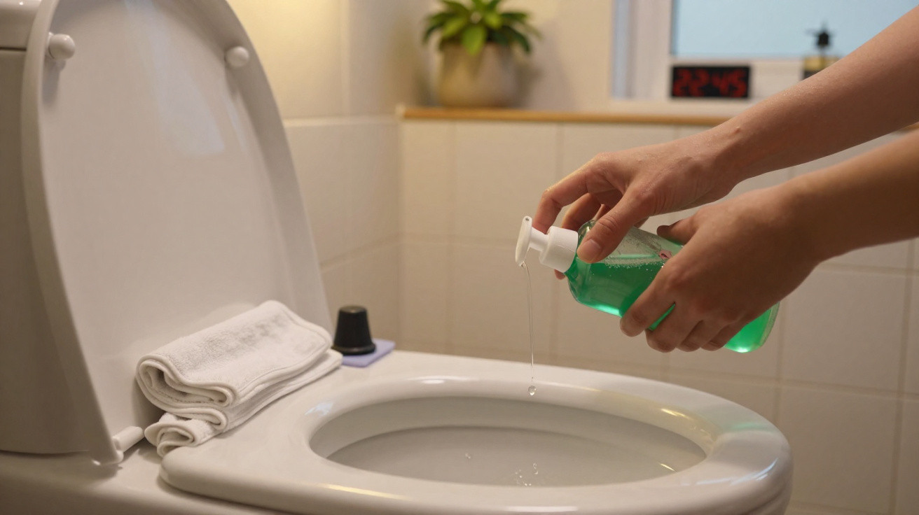 Mãos derramando líquido verde de frasco sobre vaso sanitário aberto em banheiro branco com toalhas ao lado.