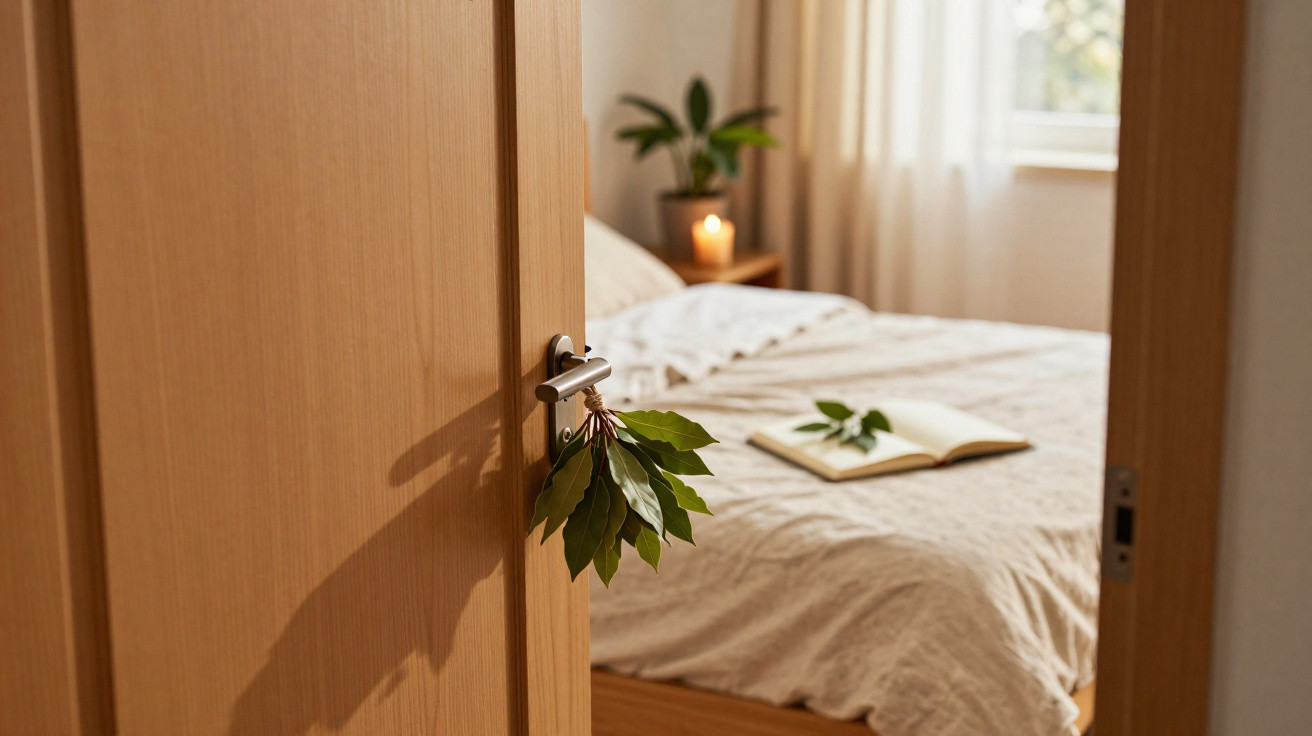 Quarto com porta de madeira entreaberta, adorno de folhas na maçaneta e cama com livro aberto.