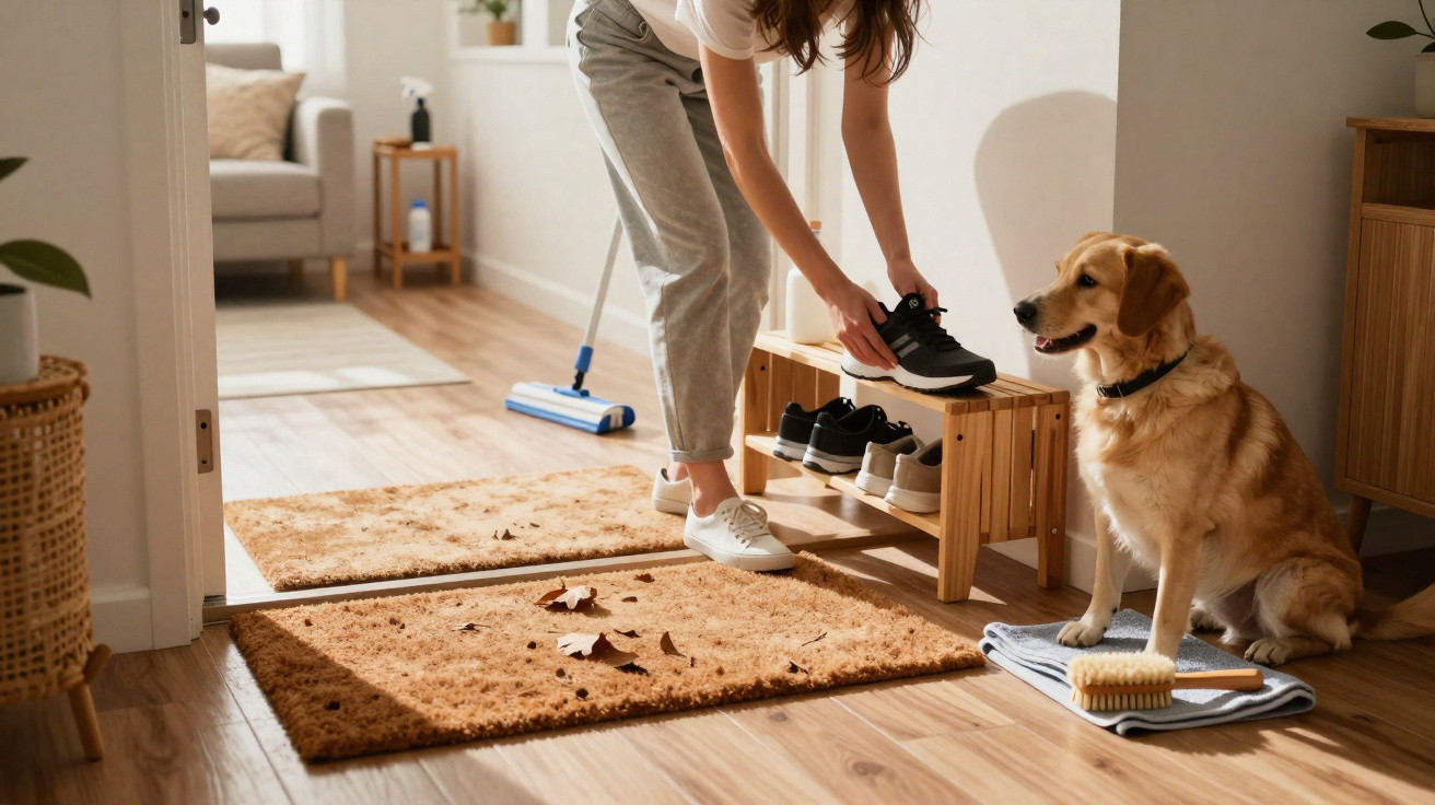 Mulher organiza sapatos em casa enquanto cachorro dourado sentado observa próximo a escova e toalha.
