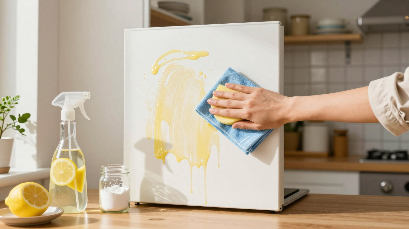 Pessoa limpando derramamento amarelo na geladeira branca com pano azul na cozinha.
