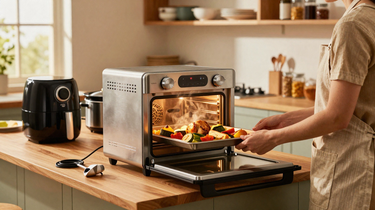 Pessoa retirando uma assadeira com legumes e frango de um forno elétrico em cozinha moderna.