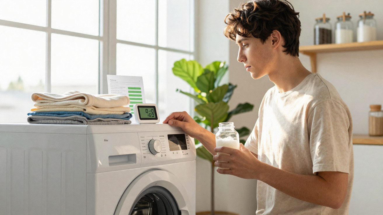 Jovem adiciona detergente na máquina de lavar roupa branca, com roupas dobradas ao lado e planta ao fundo.