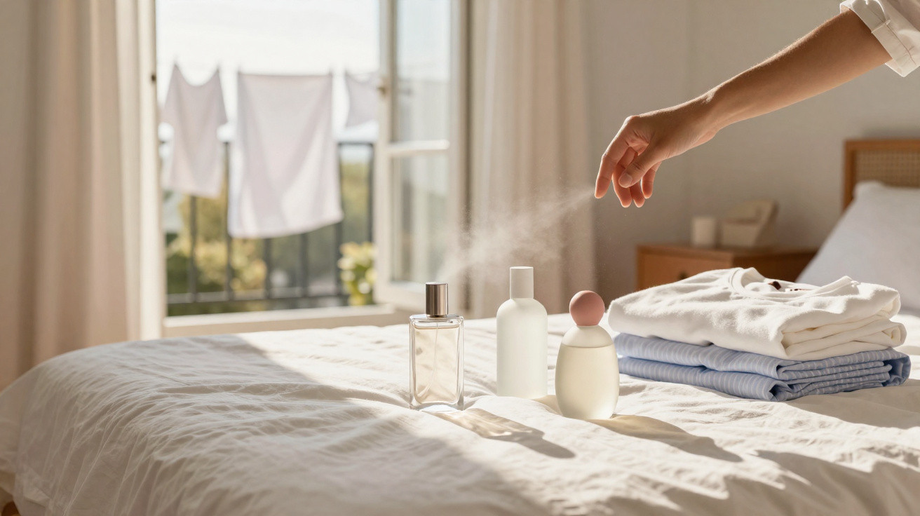 Pessoa borrifando fragrância sobre roupas dobradas em cama iluminada pela luz do sol de janela aberta.