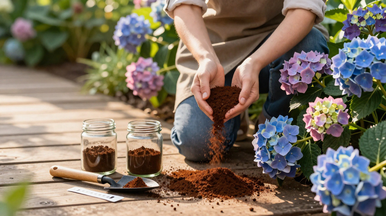 Pessoa segurando terra para plantar hortênsias coloridas em jardim ensolarado.