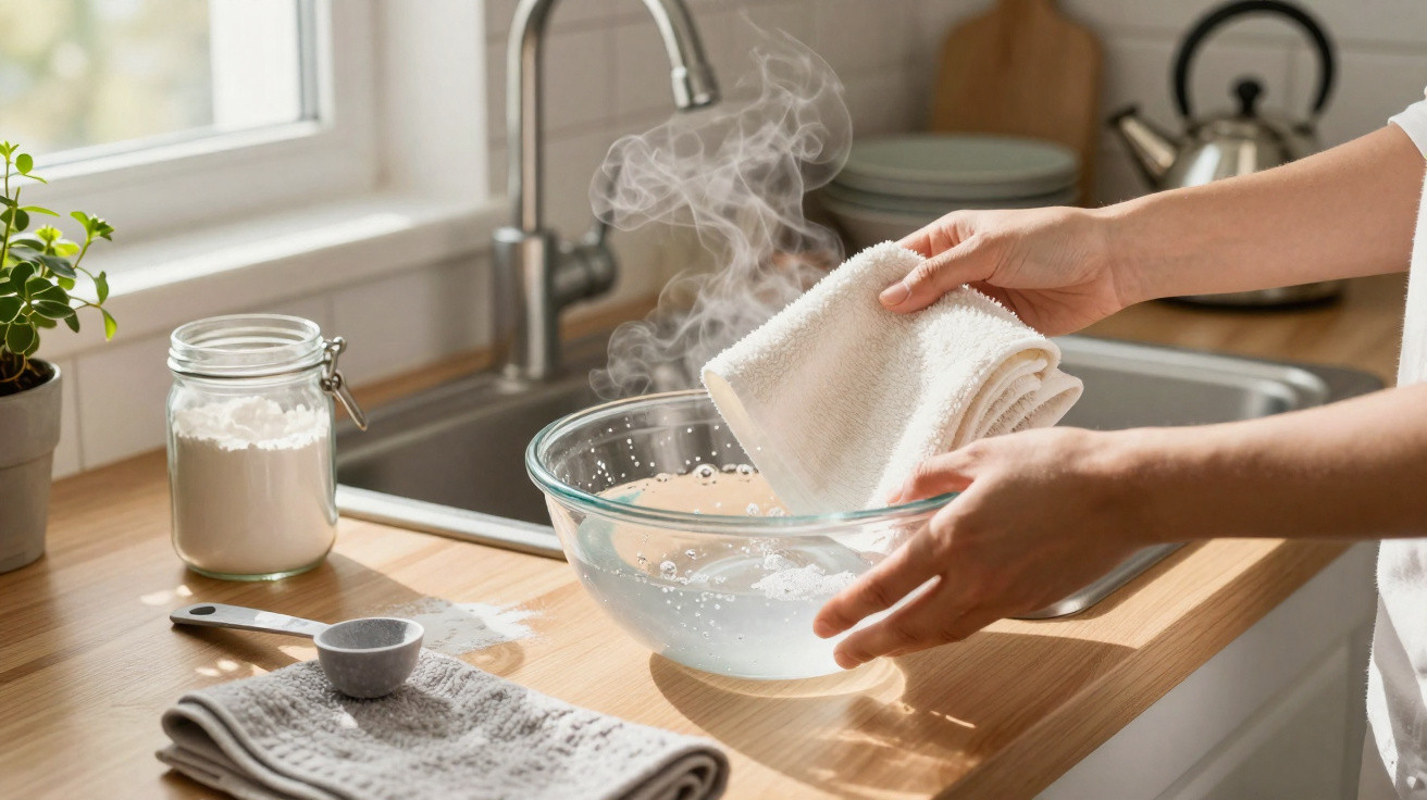 Mãos segurando pano para secar tigela de vidro com água quente e vapor em cozinha iluminada.