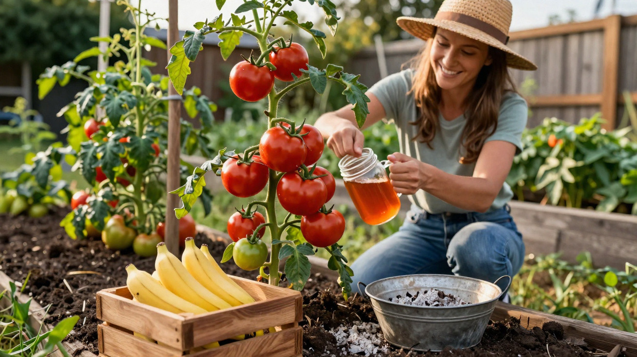 Mulher regando tomates com regador caseiro em jardim, ao lado cesto de bananas.