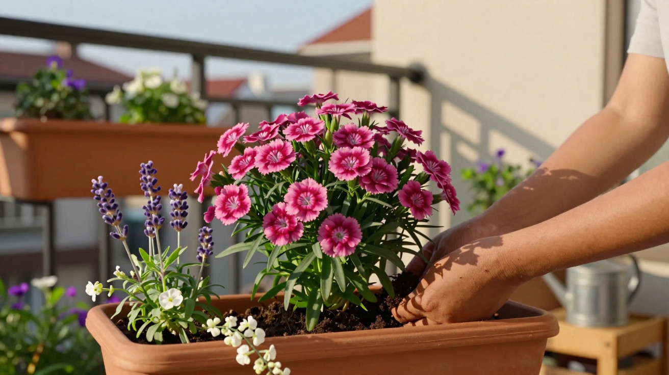 Pessoa cuidando de flores rosa e lavanda em vaso de planta em varanda ensolarada.