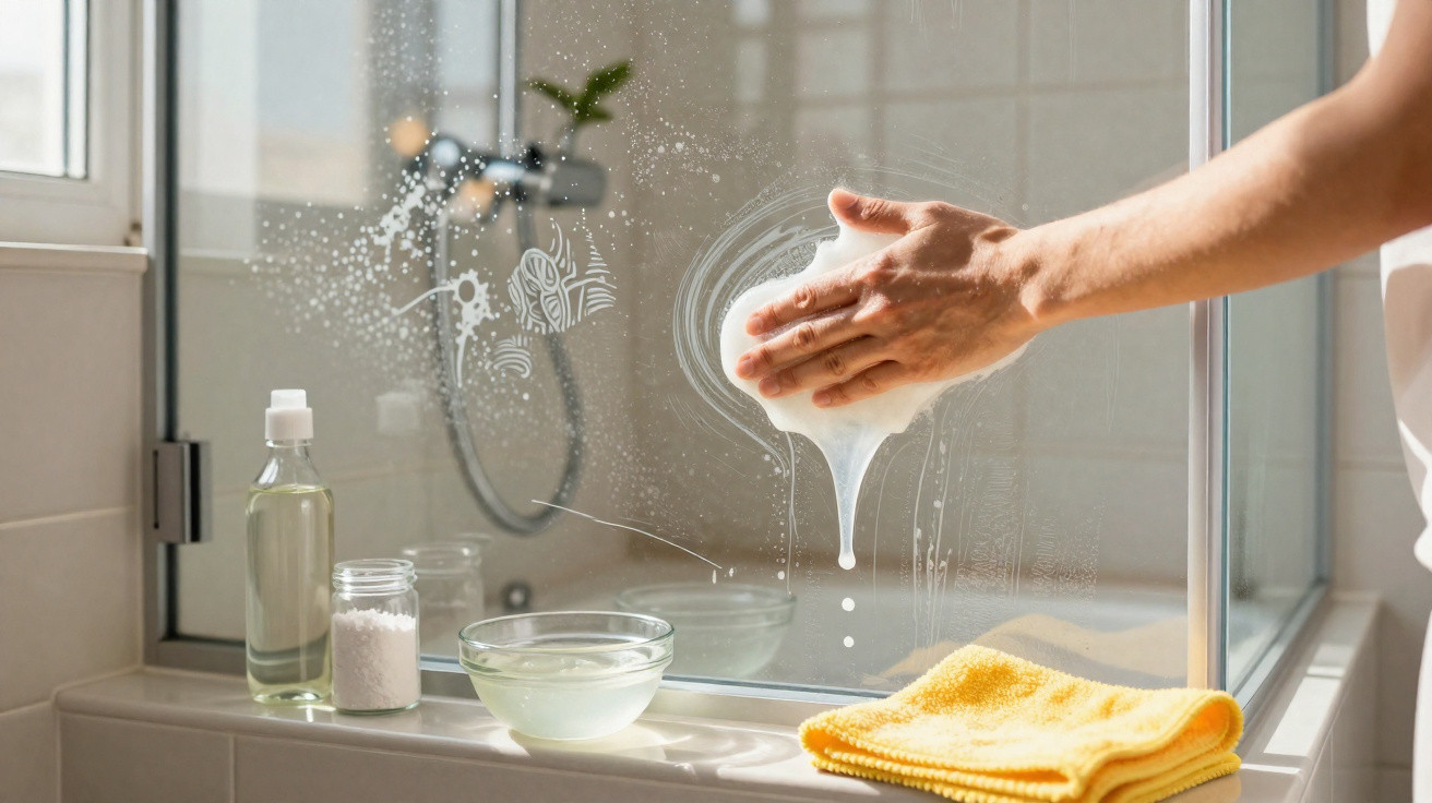 Pessoa limpando vidro do banheiro com esponja e produtos de limpeza ao lado em janela.