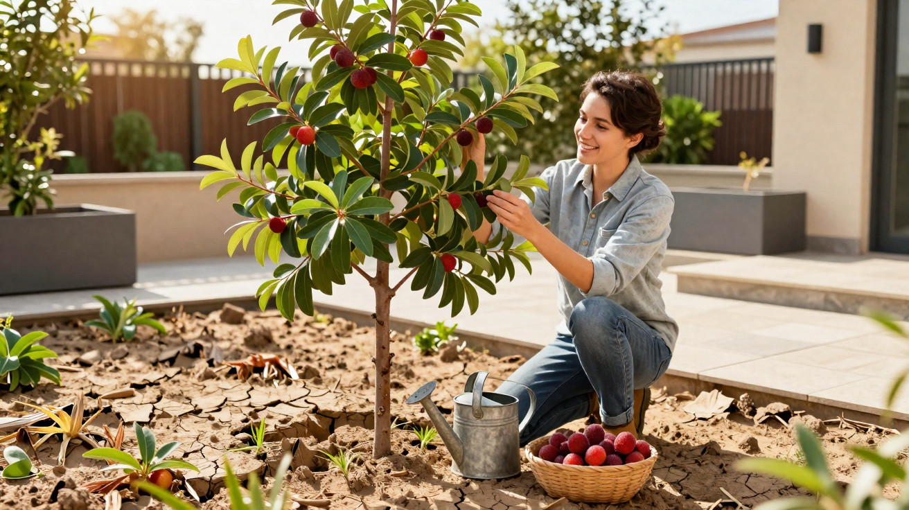 Mulher colhendo frutas vermelhas de uma árvore em jardim seco, com regador e cesta ao lado.