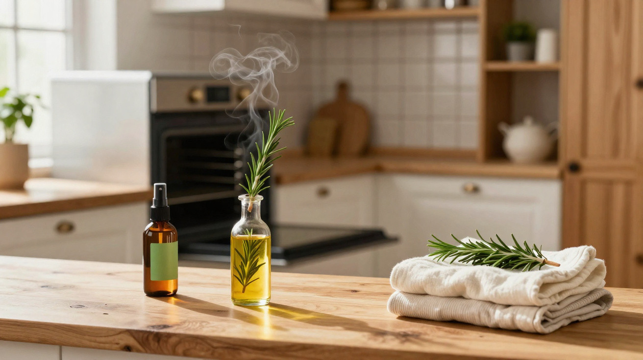 Frascos com essência aromática e alecrim, lenços dobrados com ramo de alecrim em bancada de madeira na cozinha.