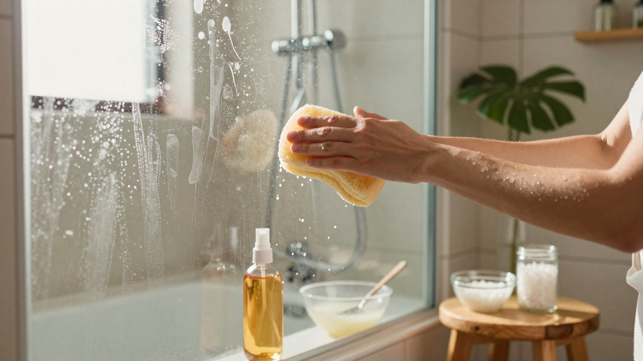 Pessoa limpando espelho do banheiro com esponja amarela e spray em frasco âmbar.