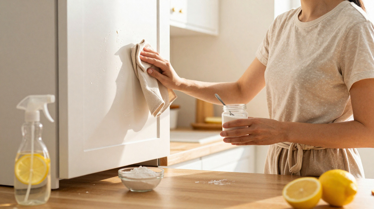 Mulher limpando armário de cozinha branco com pano, usando ingredientes naturais como limão e bicarbonato.