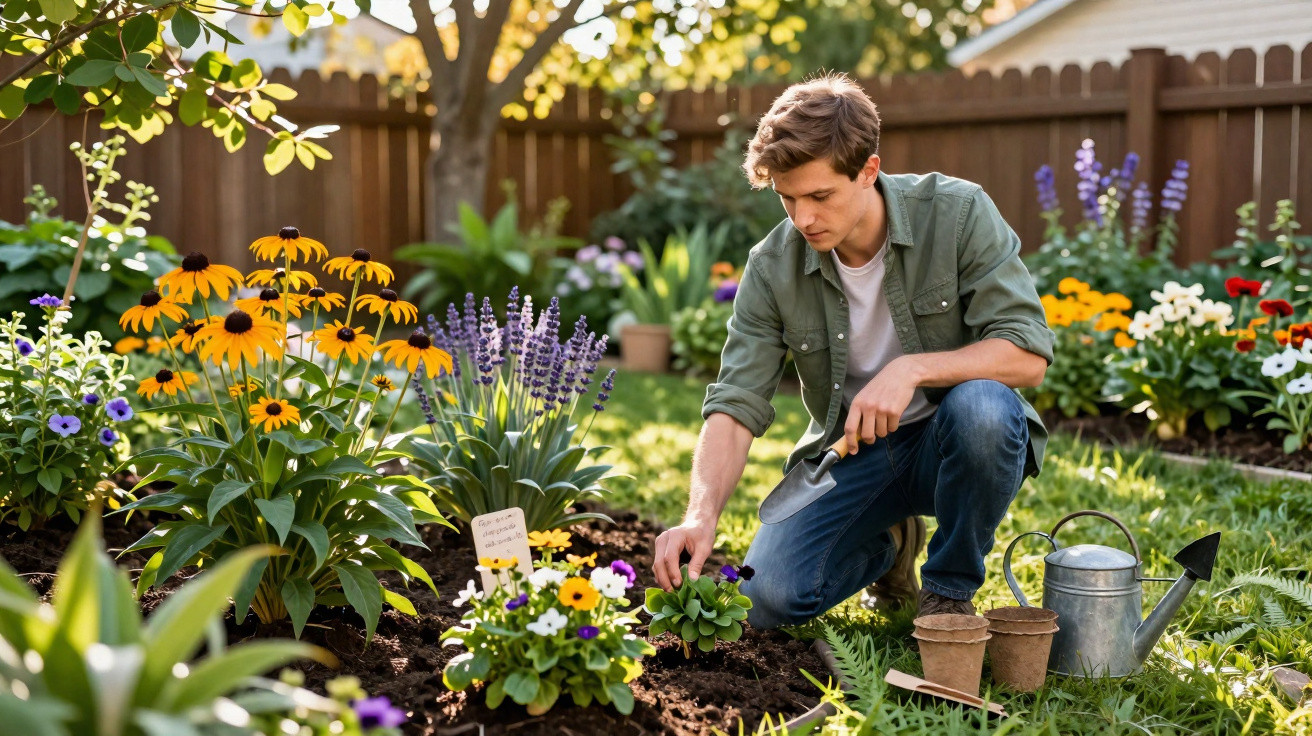 Jovem plantando flores em jardim ensolarado cercado por plantas variadas e regador ao lado.
