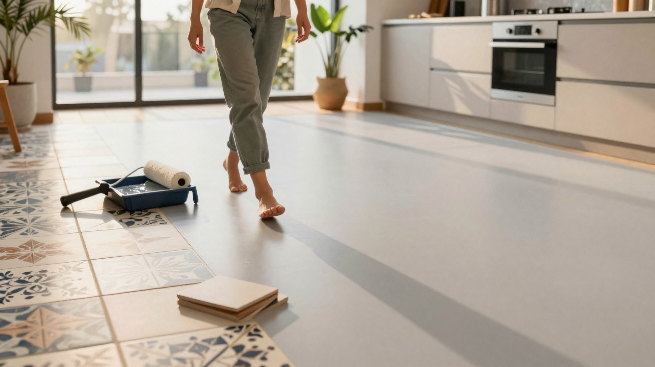 Pessoa caminhando descalça em cozinha moderna com piso parcialmente revestido por azulejos decorativos.