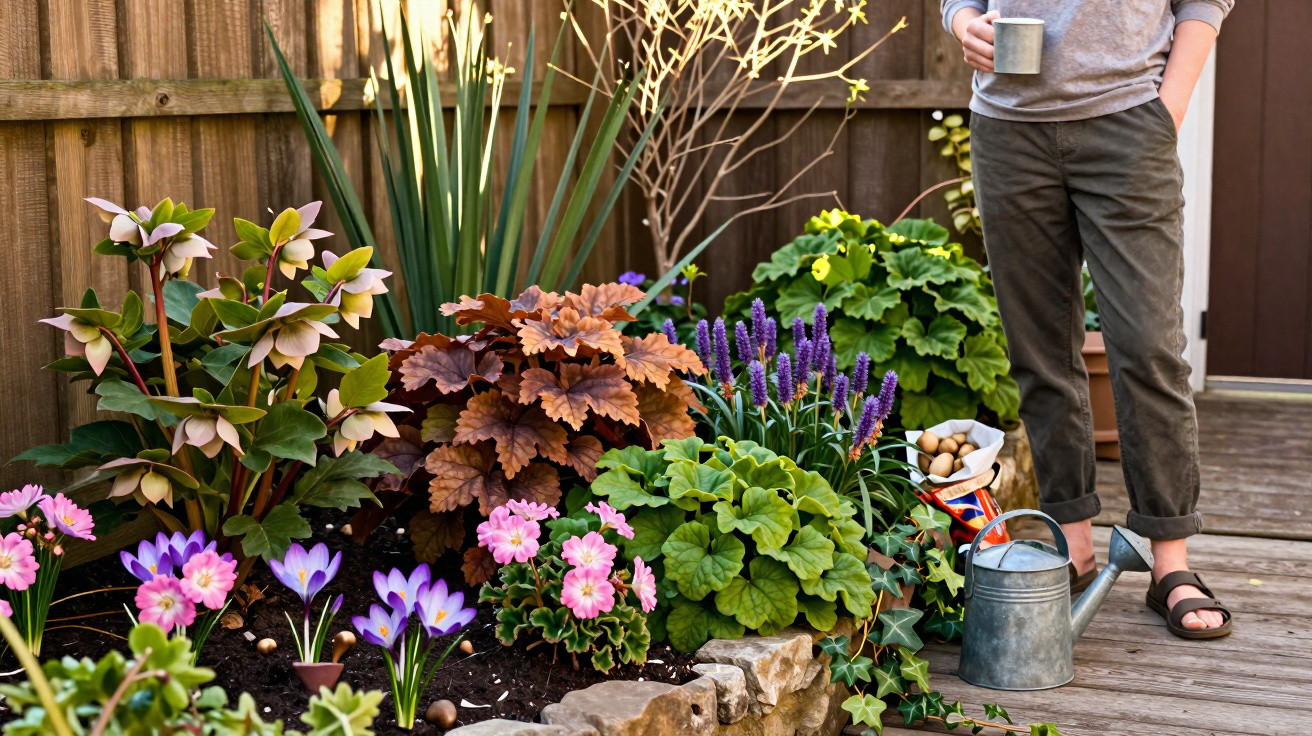Jardim com flores coloridas e plantações variadas, com pessoa segurando caneca e regador ao lado.