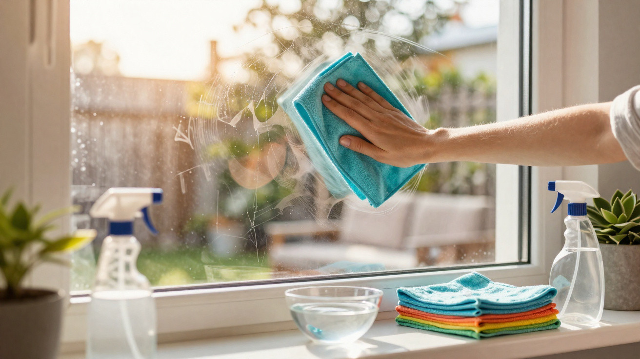 Mão limpando vidro com pano azul e produtos de limpeza sobre o peitoril da janela.