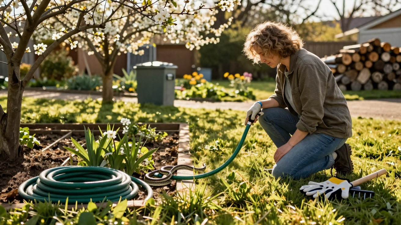 Mulher agachada no jardim observando cobra perto de regador e luvas de jardinagem.