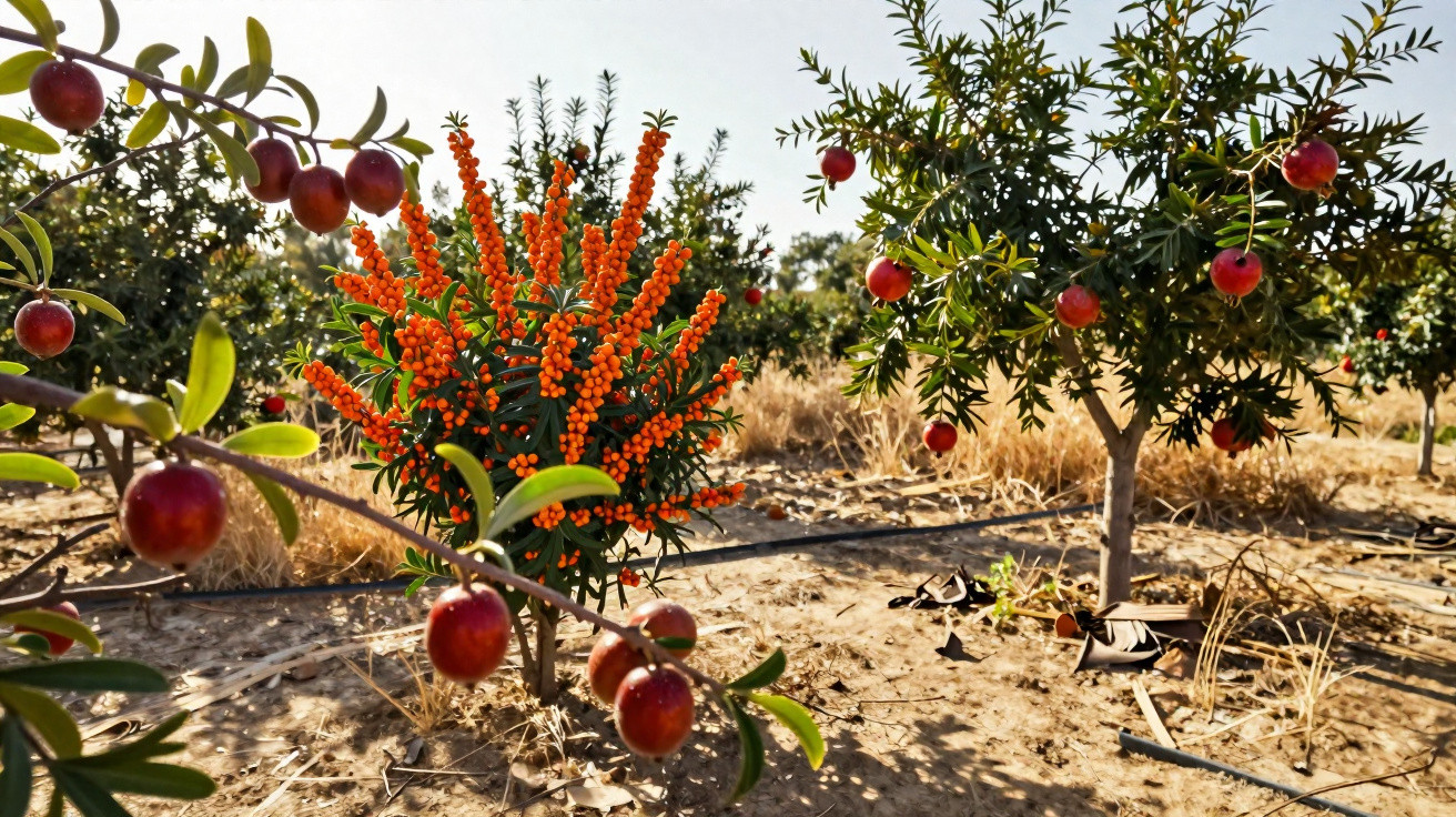 Jardim com arbustos de frutas vermelhas e plantas com bagas laranjas ao sol em terreno seco.