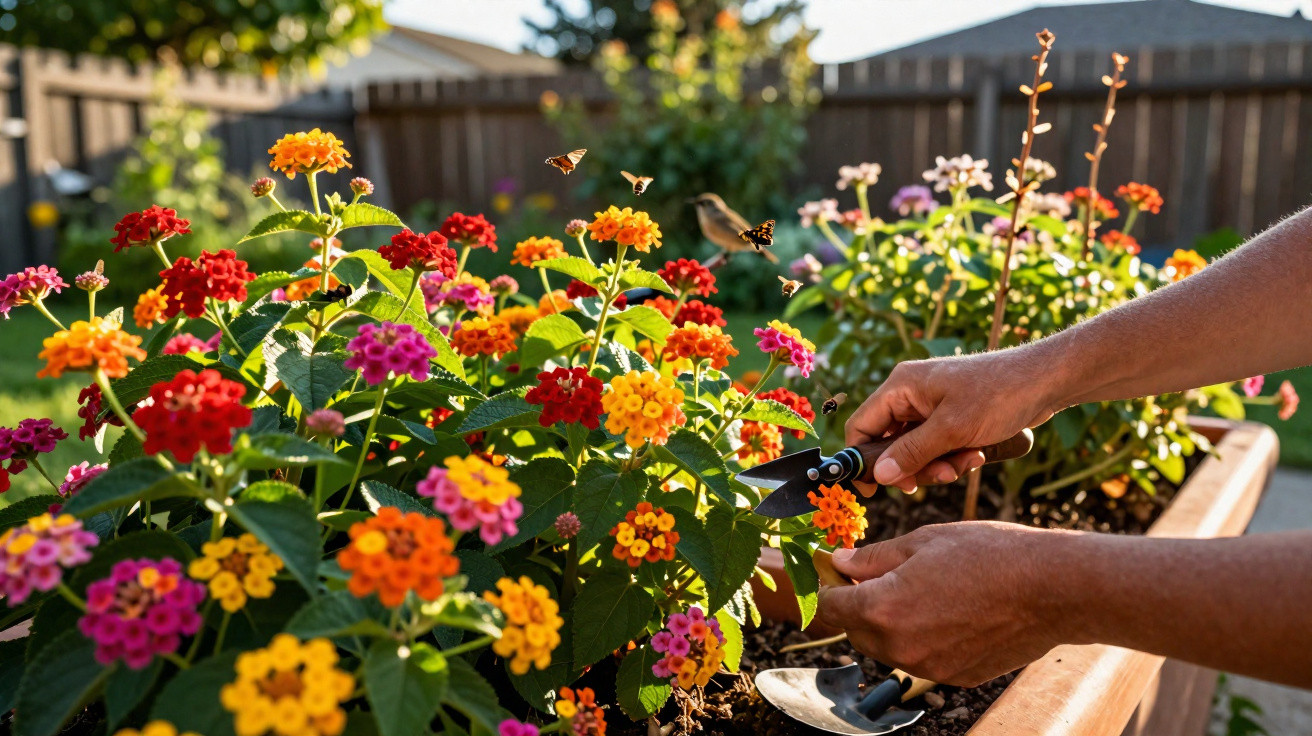Mãos podando flores coloridas em jardim ao ar livre com luz do sol e borboletas voando.