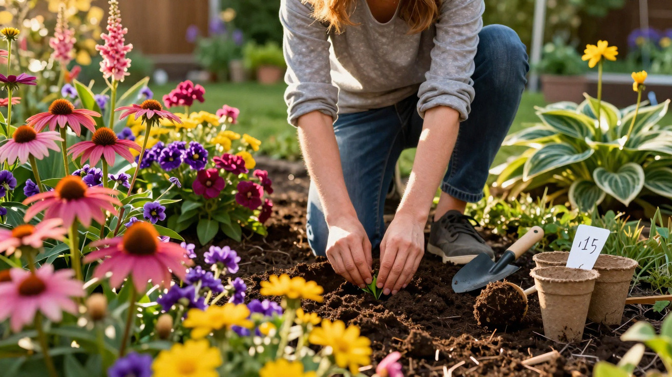 Pessoa plantando mudas em jardim colorido com flores rosas, amarelas e roxas, usando camiseta cinza e jeans azul.