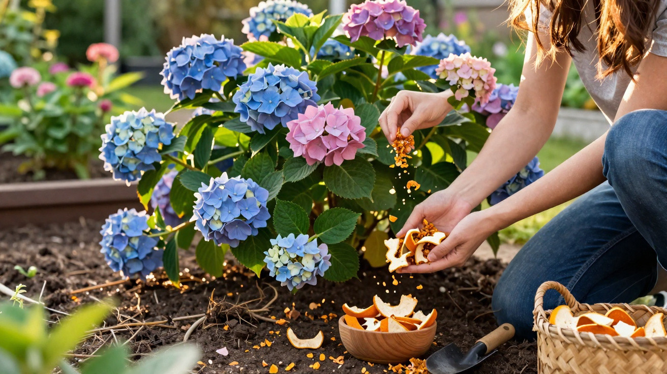 Pessoa alimentando planta de hortênsias com restos de cascas de frutas em jardim ensolarado.