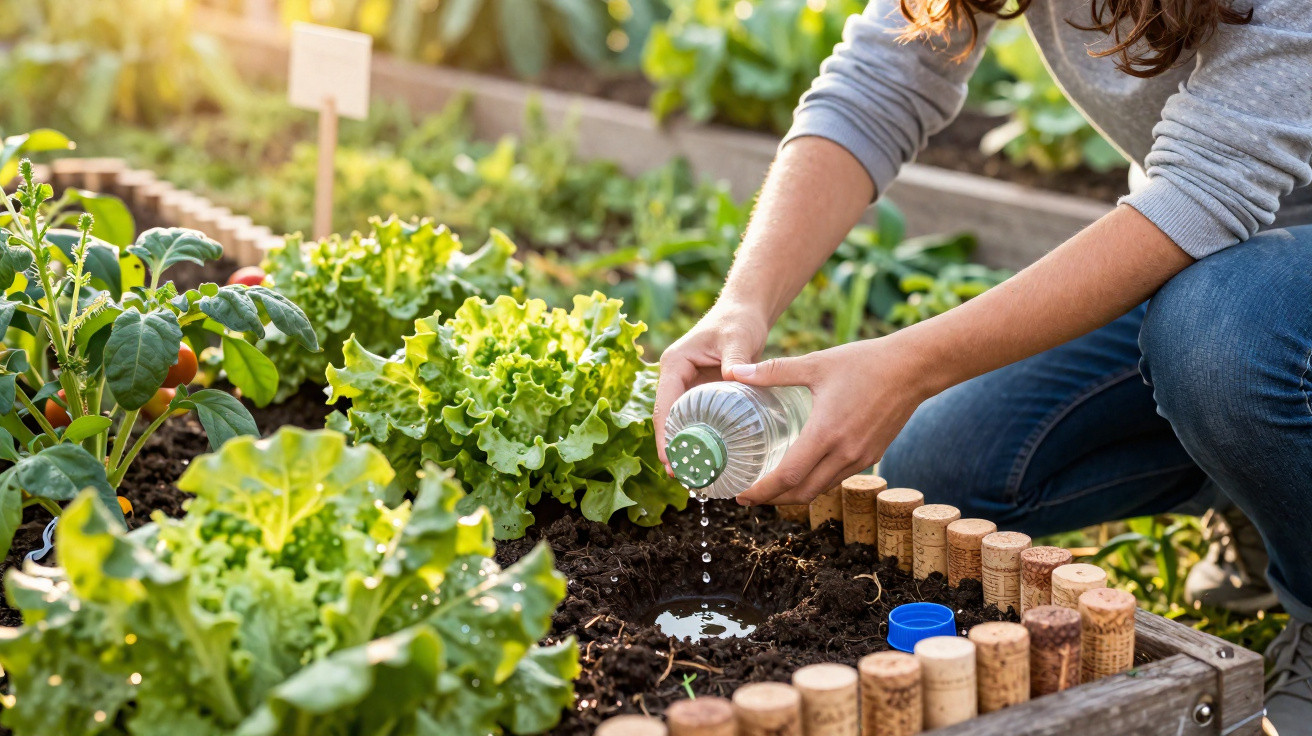 Pessoa regando plantas verdes em cama de cultivo cercada por rolhas de vinho em jardim ensolarado.