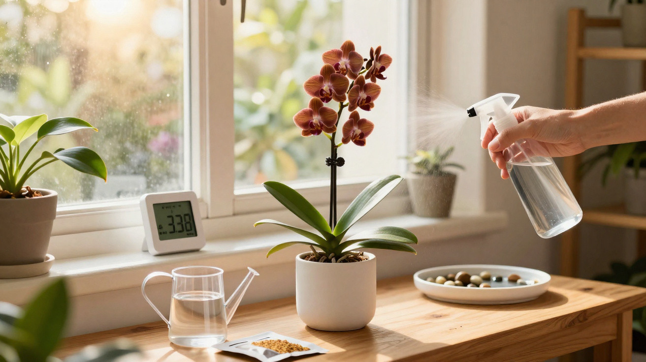 Pessoa regando orquídea com borrifador em ambiente interno iluminado por luz natural da janela.